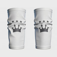 Pair of white Shinplex shin guard compression sleeves with crown logo